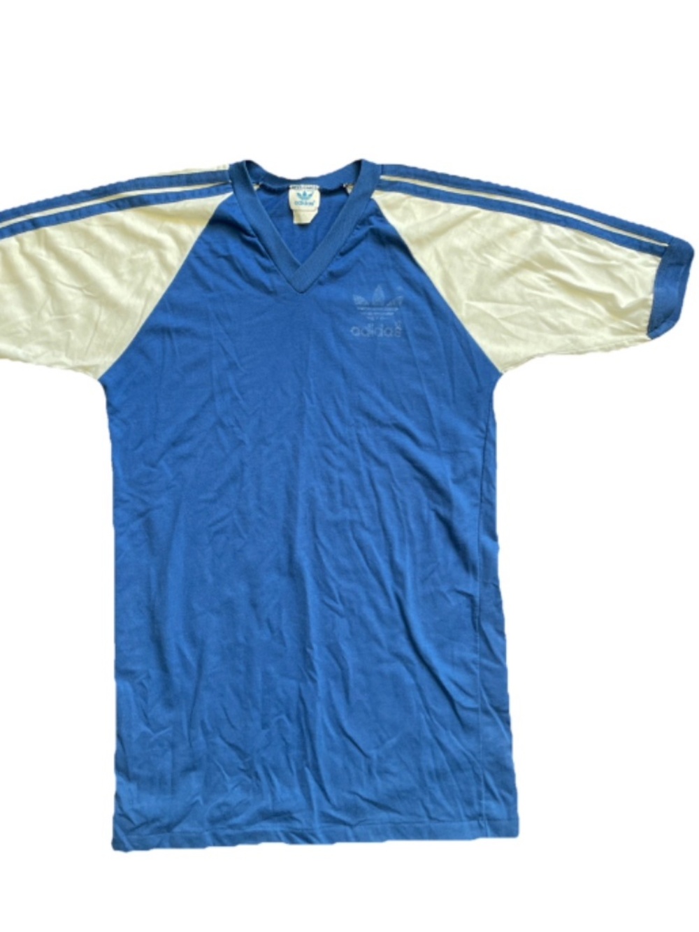 80s Vtg Adidas Trefoil USA MADE V-Neck LONG jersey Tee shirt blue white size M